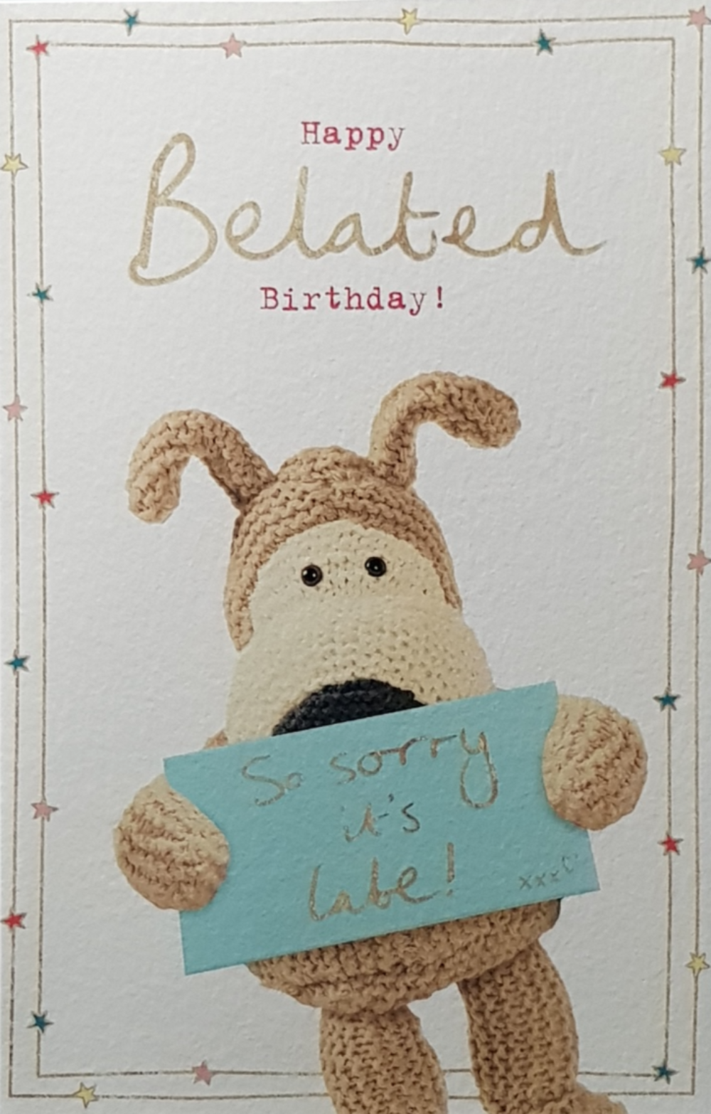 Birthday Card - Belated Birthday / A Brown Dog Holding A Blue Note 'So Sorry'