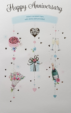 Anniversary Card - Romantic Items Hanging On Strings (Option to Place Sticky Banner)