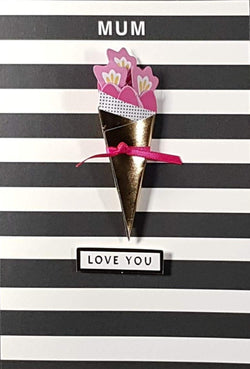 Mum Mothers Day Card - Golden Bouquet Pink Flowers