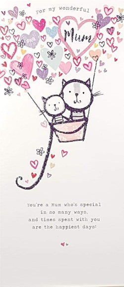 Mum Mothers Day Card - Mum Cat And Child Cat Traveling In Heart-Shaped Hot Air Balloon