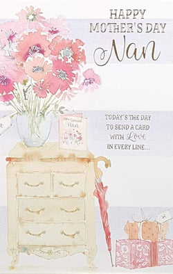 Nan Mothers Day Card - Umbrella & Gifts Besides The Shelf & The Bouquet With the greeting Cards On The Top Of The Shelf