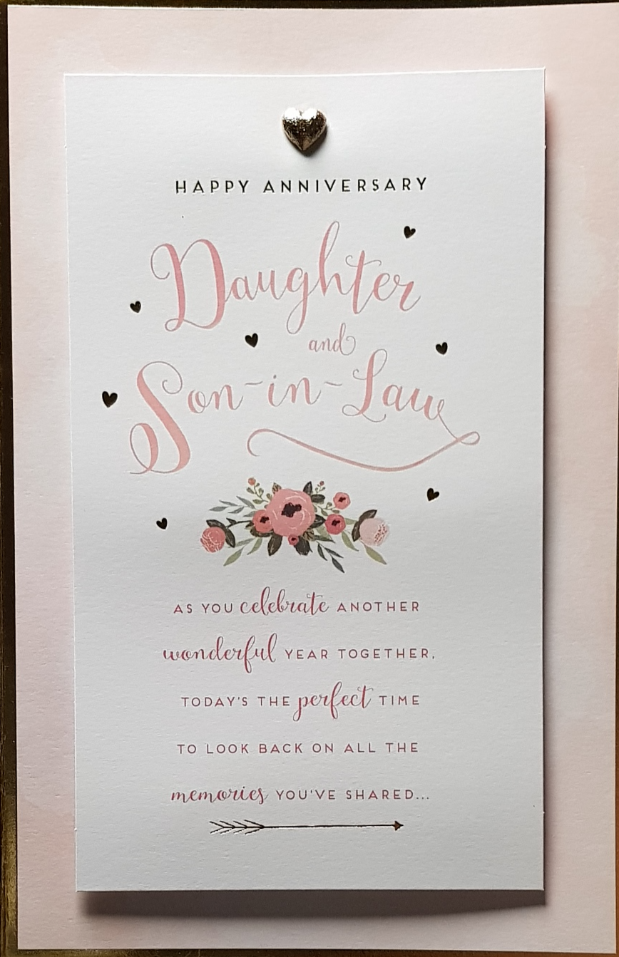 Anniversary Card - Daughter & Son-In-Law / A Silver Heart Jewel & Pink Flowers