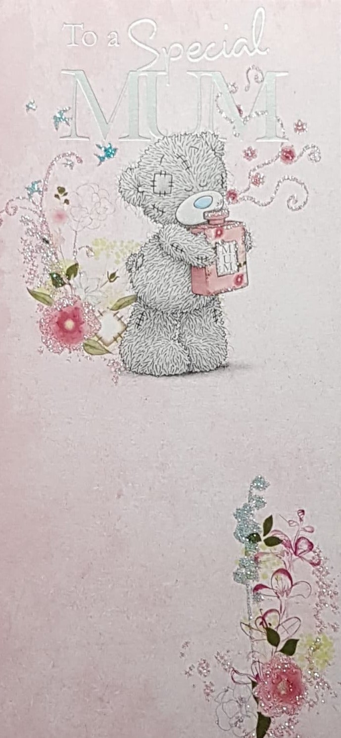 Birthday Card - Mum / Teddy Holding A Pink Perfume Bottle Near Pink Flowers