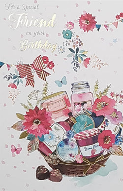 Birthday Card - Special Friend / A Basket With Red Gifts & Flowers