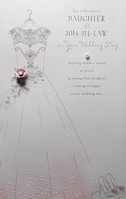Wedding Card - Daughter & Son In Law / A Pretty White Dress With A Pink Rose