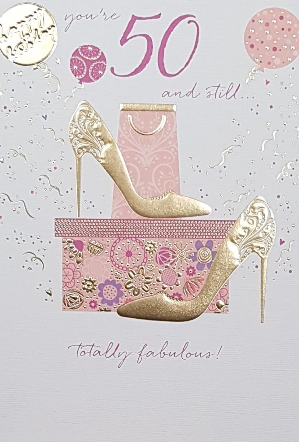 Age 50 Birthday Card - Gold High Heels On Display On A Pink Sparkly Box