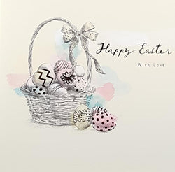 Easter Card - Egg Basket With Painted Eggs & A Yellow Bow