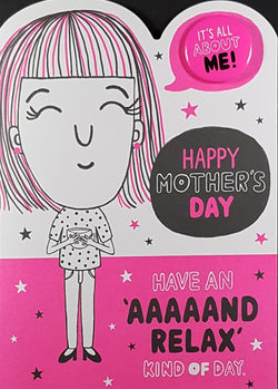Humour Mothers Day Card - A Happy Lady Holding A Teacup & A Pink Badge