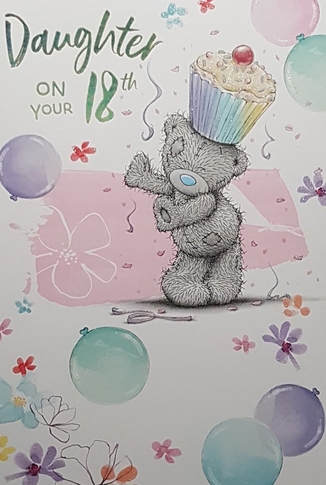 Age 18 Birthday Card - Daughter / Dancing Teddy With A Cupcake On Head & Balloons
