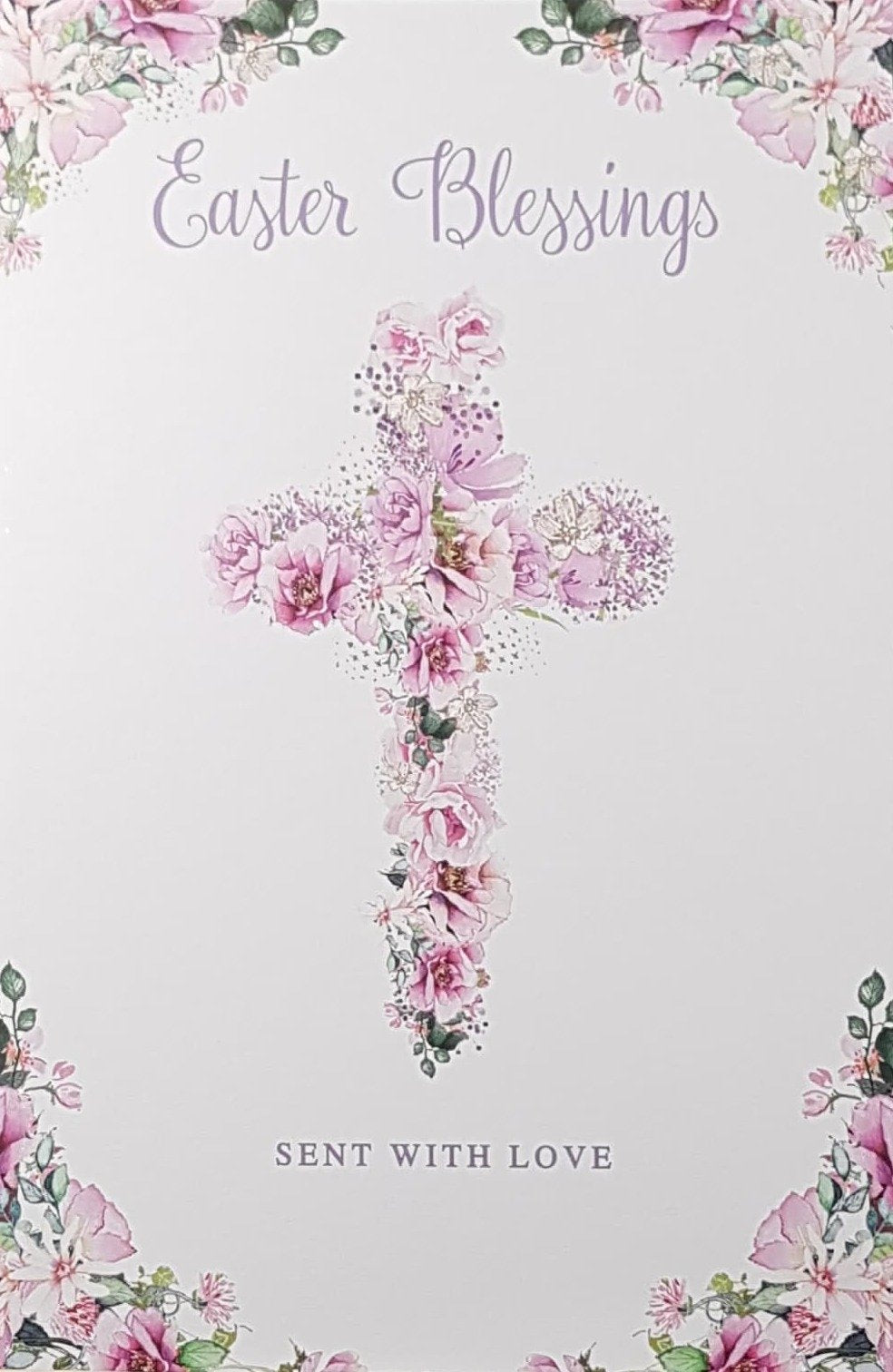 Easter Card - Easter Blessings / A Pink Floral Cross & 'Sent With Love'