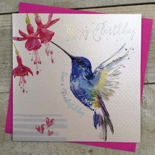 Birthday Card - Have A Wonderful Day / Blue Hummingbird & Fuschia Flower