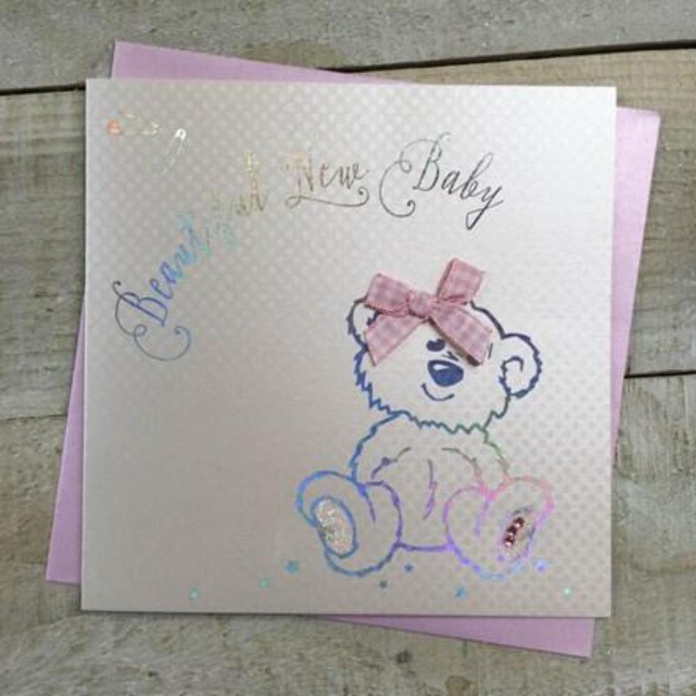 New Baby Card - Girl / A Smiling Teddy With A Pink Bow  (Large Card)