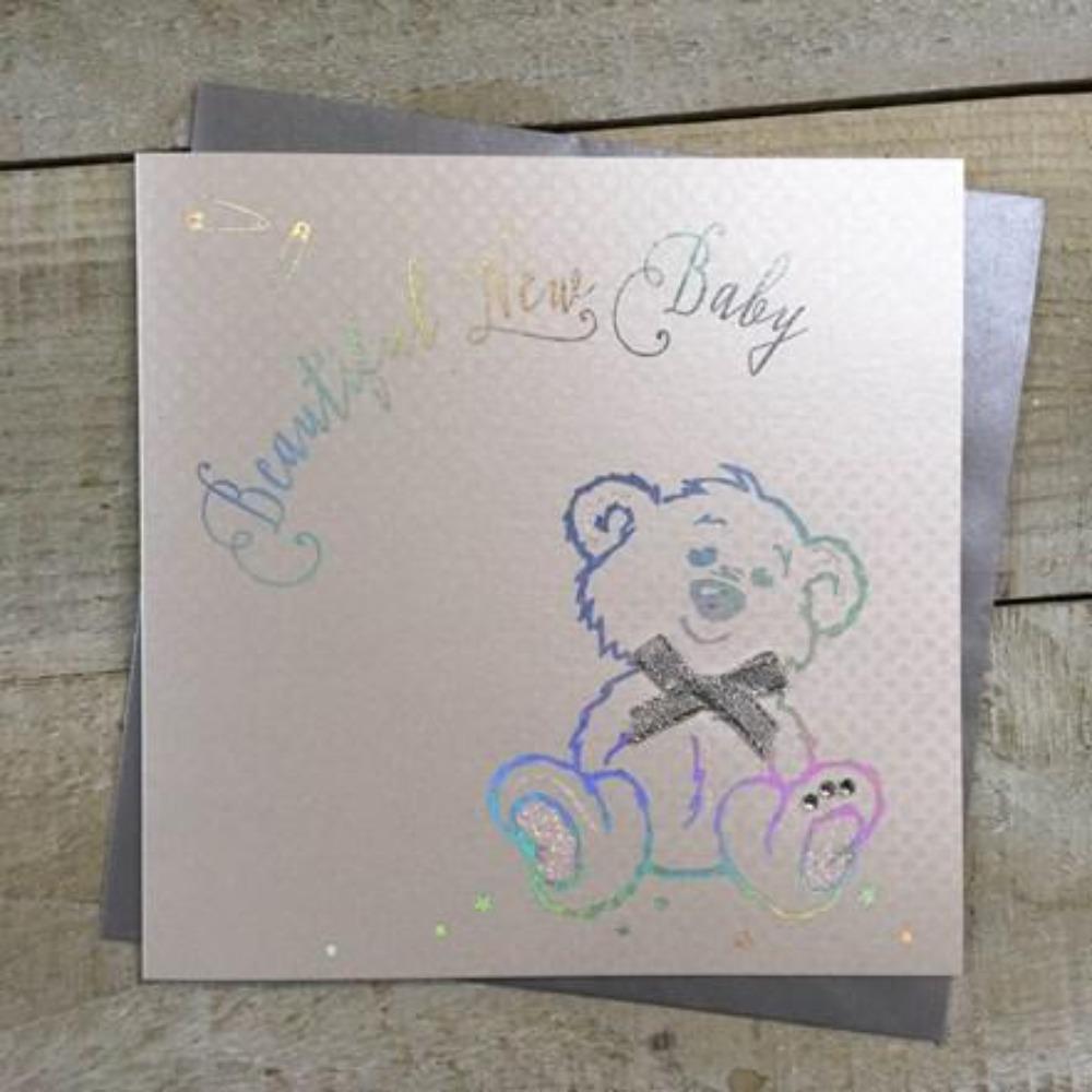 New Baby Card - A Lovely Teddy With A Silver Bow