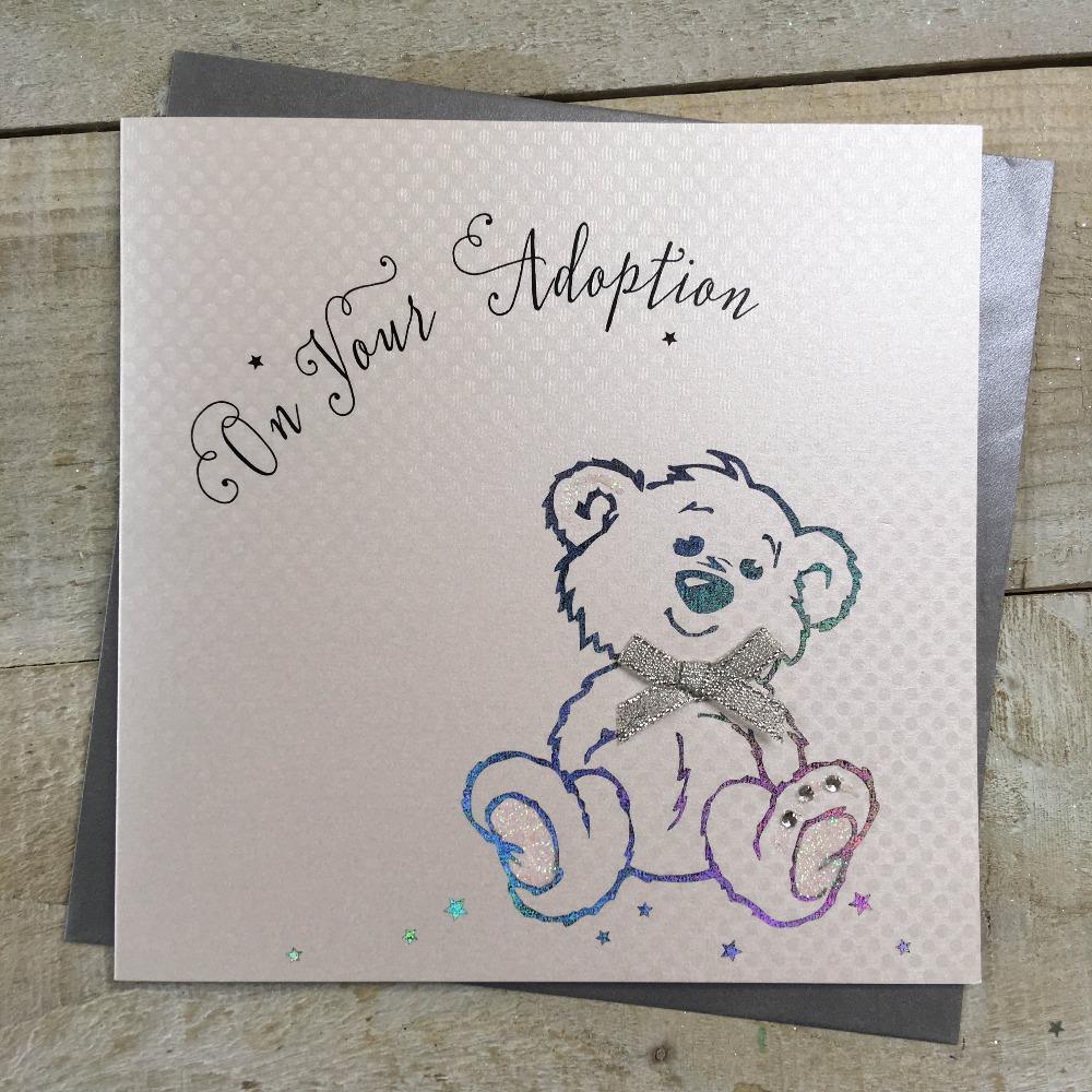New Baby Card - Adoption / A Lovely Teddy With A Silver Ribbon