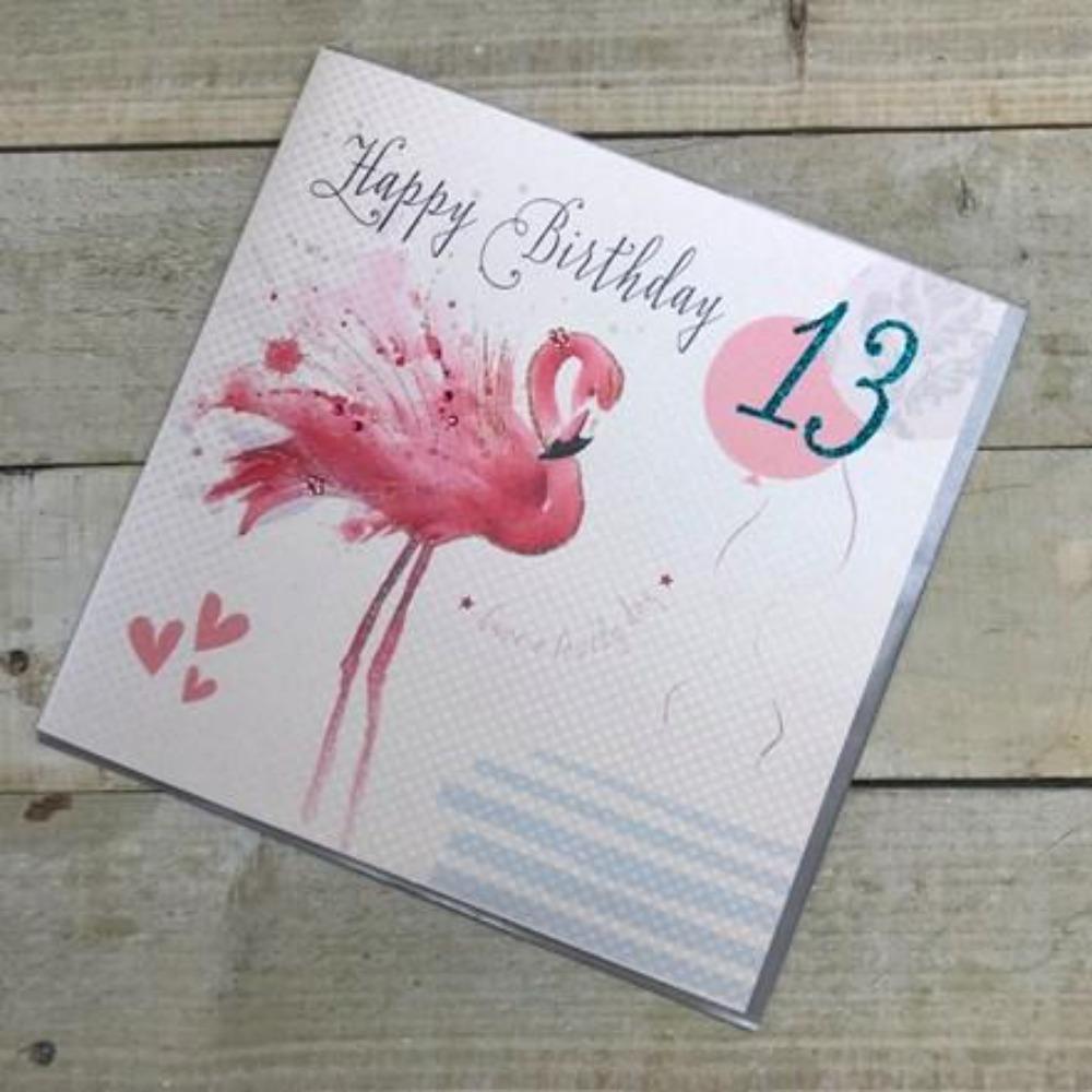 Age 13 Birthday Card - A Pink Flamingo & Two Balloons (Large Card)