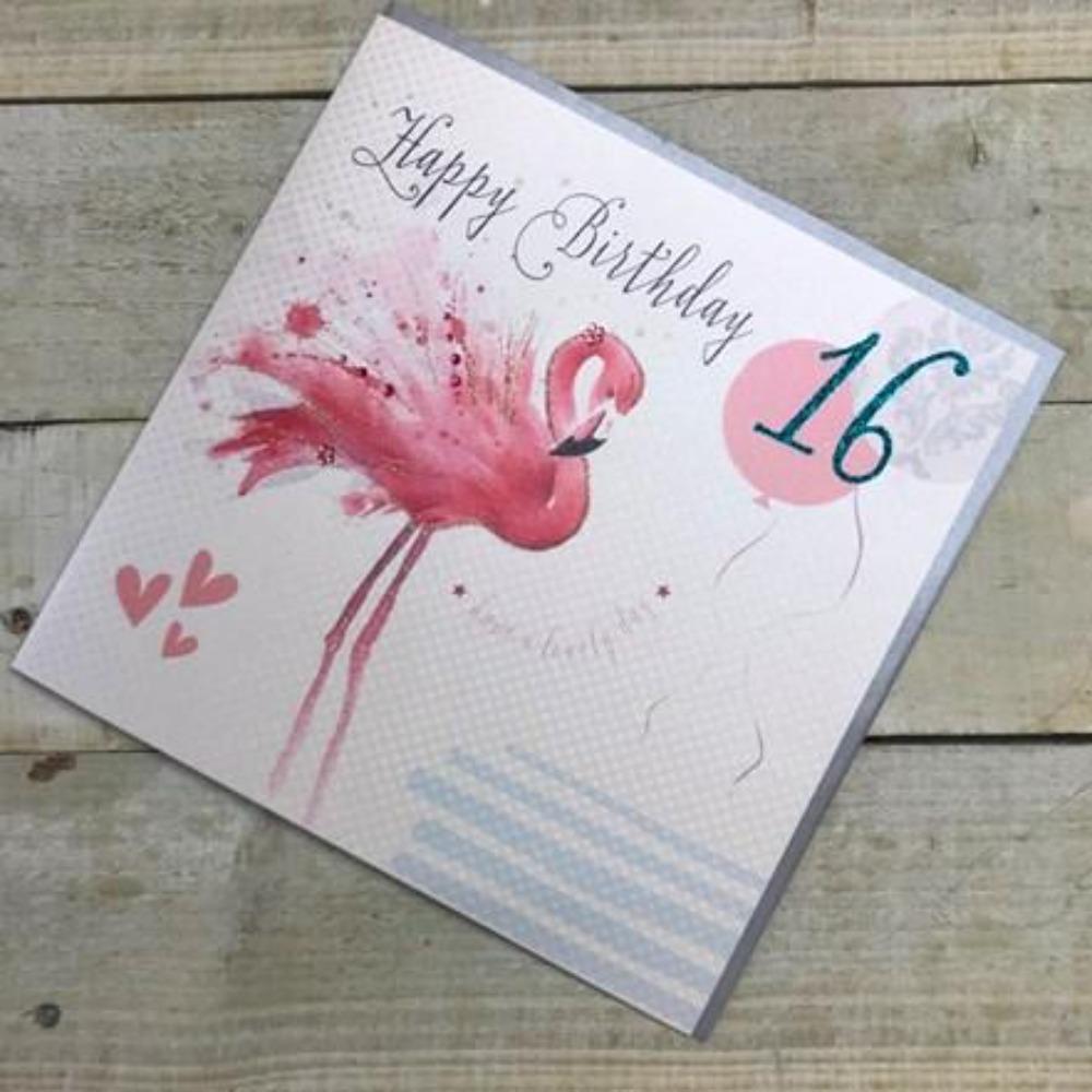 Age 16 Birthday Card - A Pink Flamingo & Three Hearts  (Large Card)