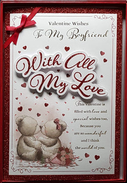 Boyfriend Valentines Day Card - Two Teddies Kissing & Red Bow In The Corner (Card In A Box)