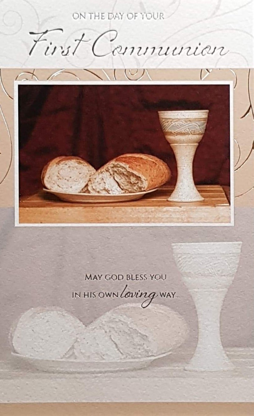 Communion Card - Gender Neutral - On The Day Of Your First Communion & Bread & Wine Chalice
