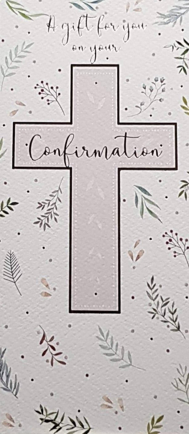Communion Card - Gender Neutral - A Gift For You & Pink Cross on Leafy Background