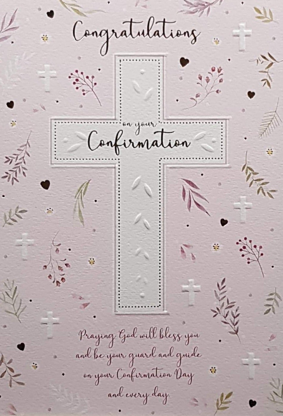 Confirmation Card - Girl - Congratulations On your Confirmation & White Cross on Pink Background