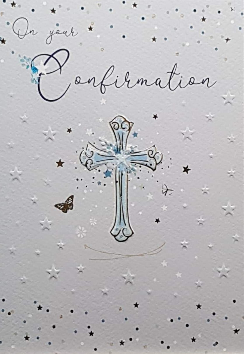 Confirmation Card - Gender Neutral - On Your Confirmation & Gold & Blue Cross on White Background