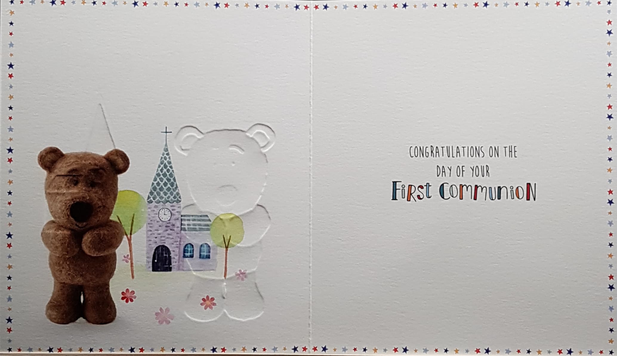 Communion Card - Gender Neutral - On Your First Communion & Teddy Bear Beside Church