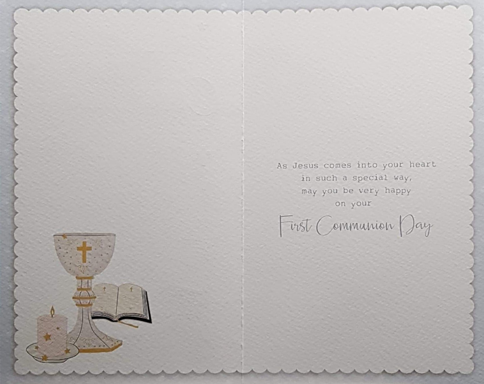 Communion Card - Gender Neutral - On Your First Communion & Bible, Chalice & Candle with Stars