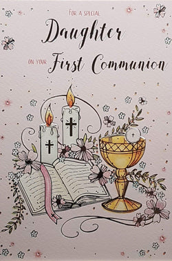 Communion Card - Daughter - For A Special Daughter - Chalice, bible & Candles with Pink Flowers