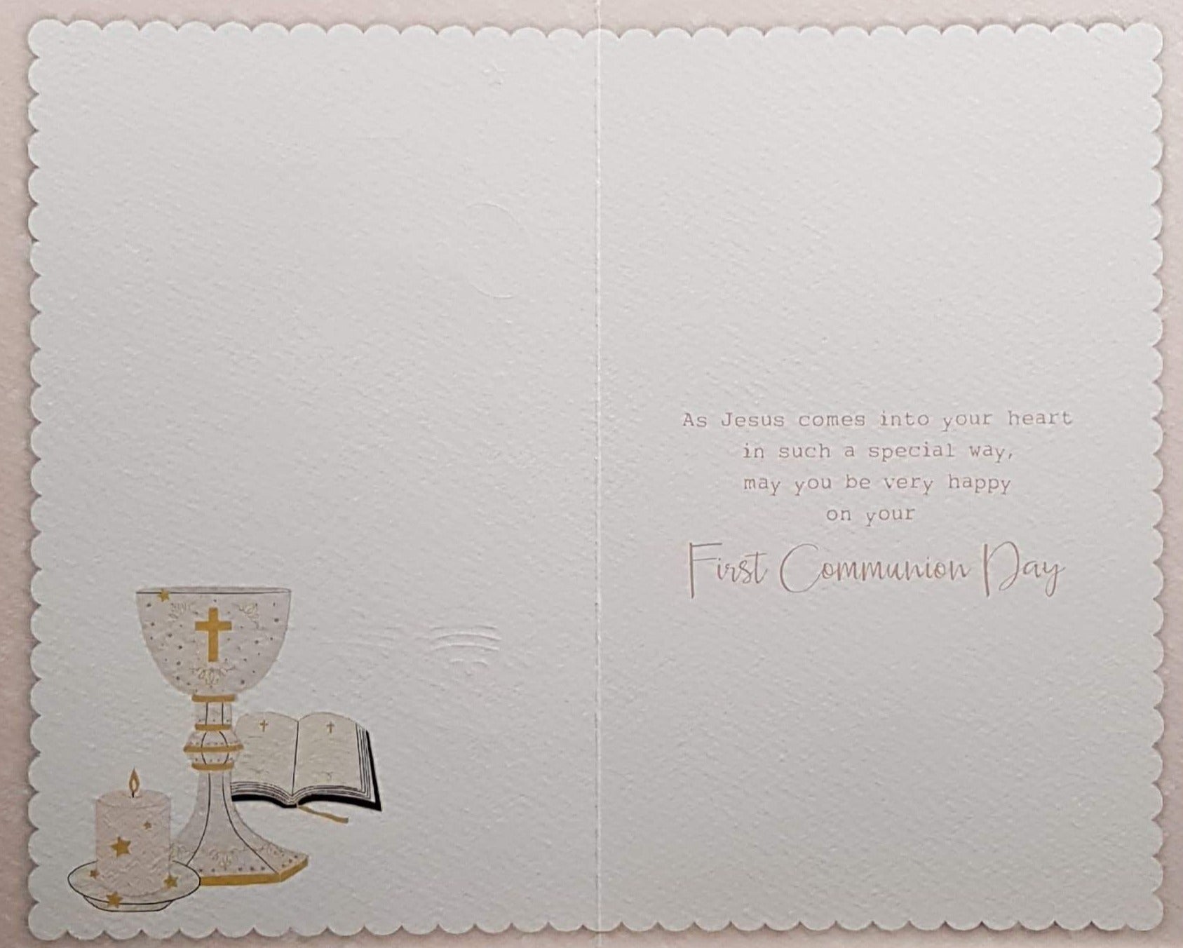 Communion Card - Girl - On Your First Communion & Candle, Chalice & Bible with Pink Border
