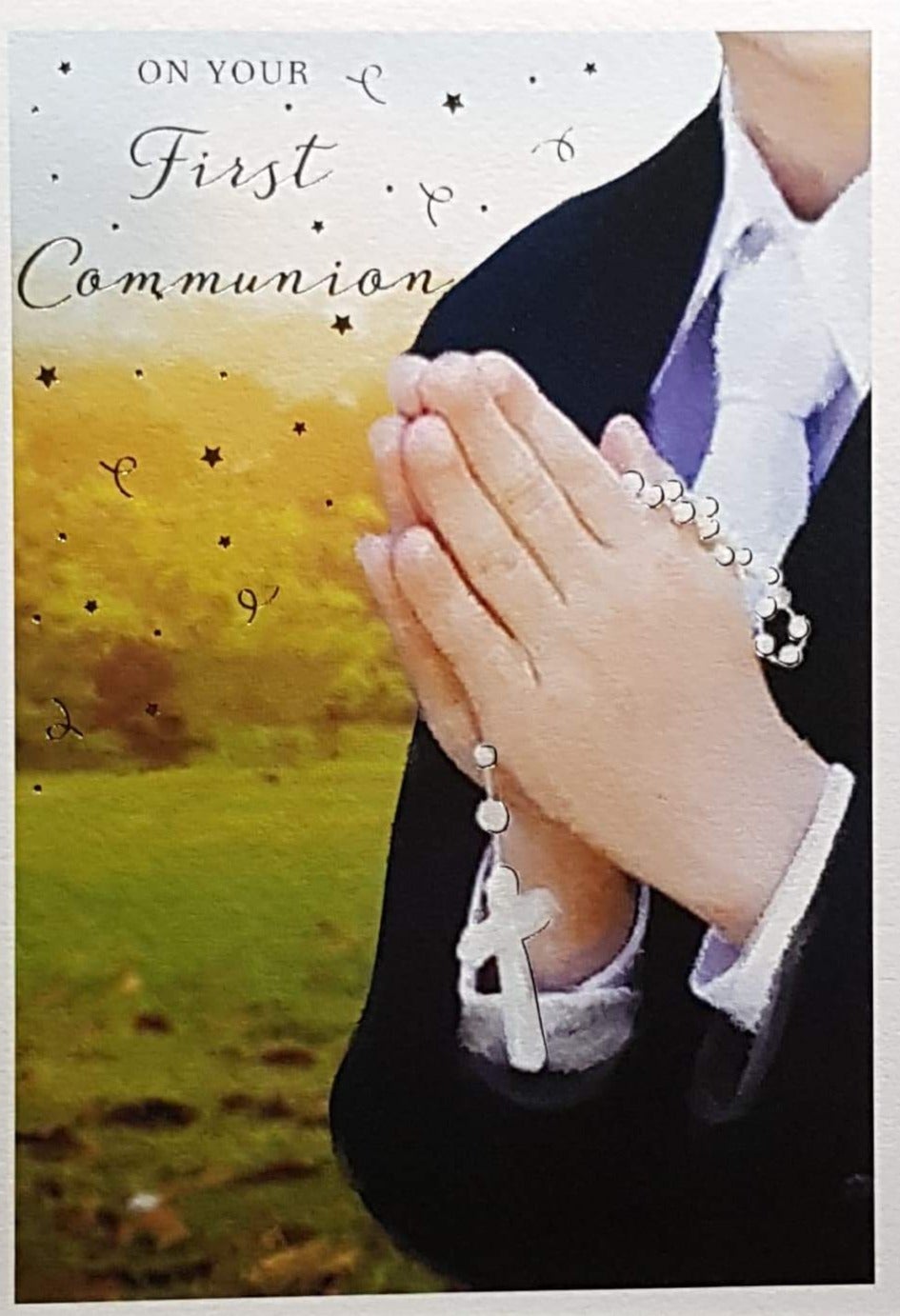 Communion Card - Boy - On Your First Communion & Boy Holding Rosary Beads Praying