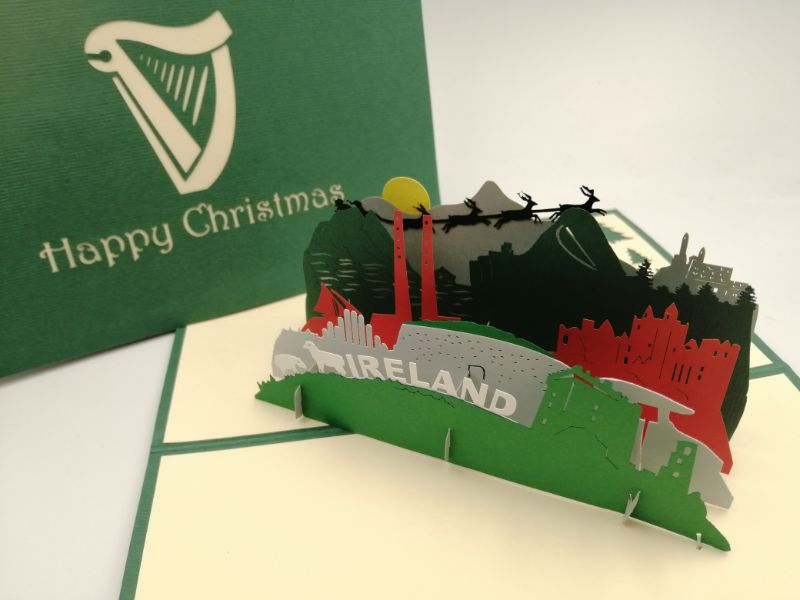 Christmas Pop Up Card - Happy Christmas /  Reindeer Flying Over Ireland