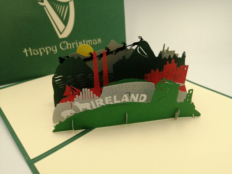 Christmas Pop Up Card - Happy Christmas /  Reindeer Flying Over Ireland