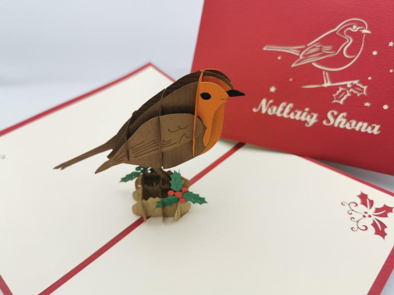 Christmas Pop Up Card - Nollaig Shona (In Irish) / Cute Robin
