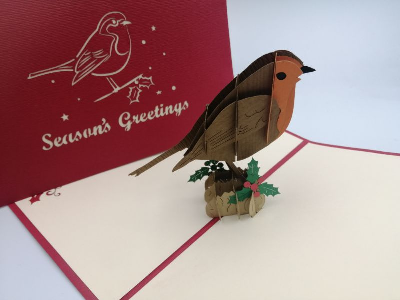 Christmas Pop Up Card - Season's Greetings / Cute Robin on Holly