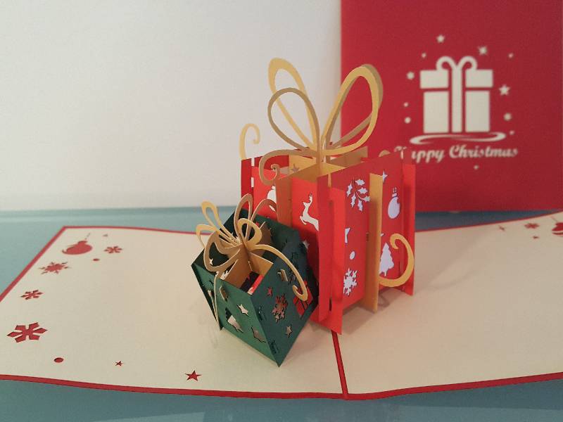 Christmas Pop Up Card - Happy Christmas / Green & Red Gift Boxes