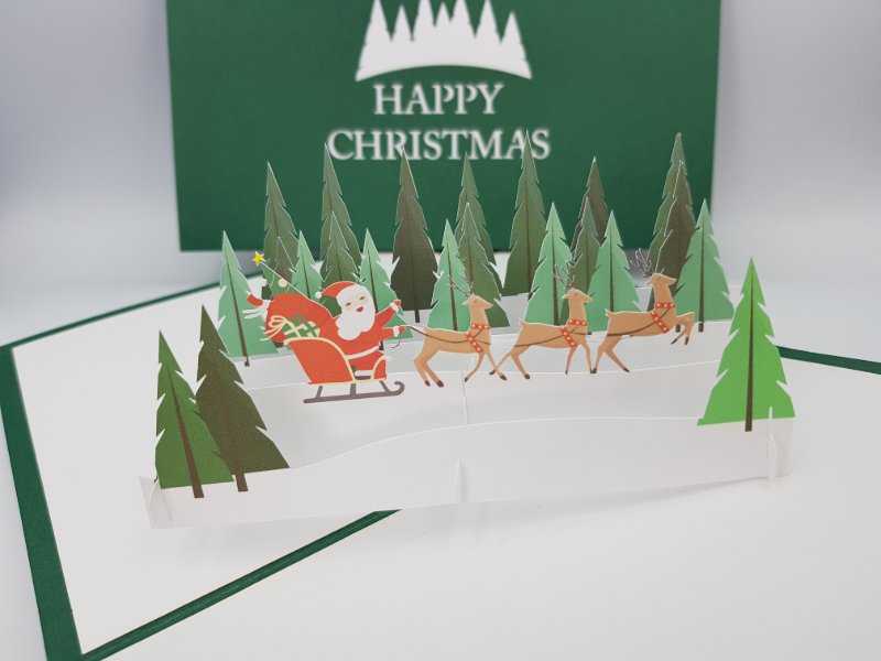 Christmas Pop Up Card - Santa & Reindeer Going Through Forest