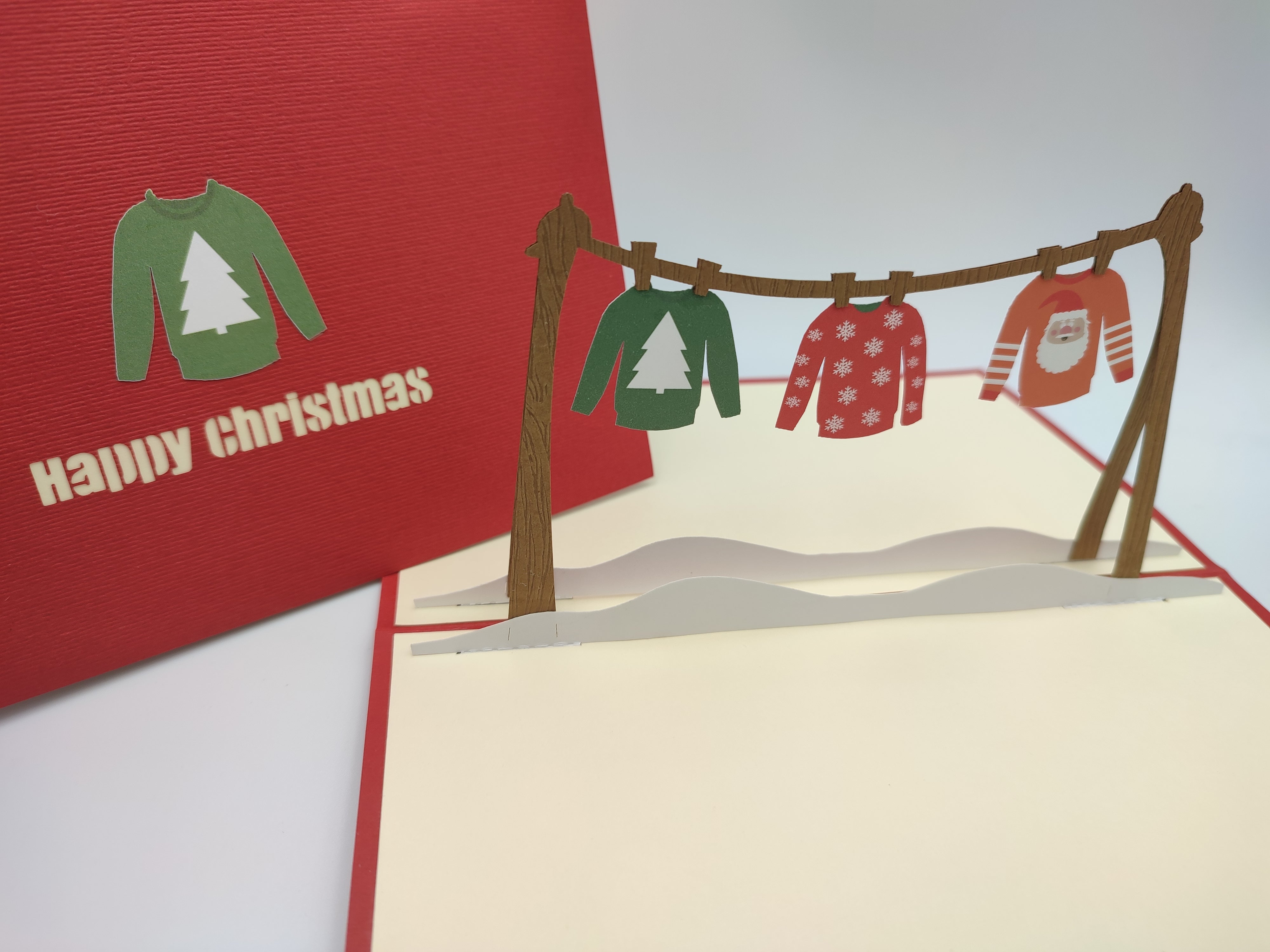 Christmas Pop Up Card - Happy Christmas / Jumpers on Clothesline