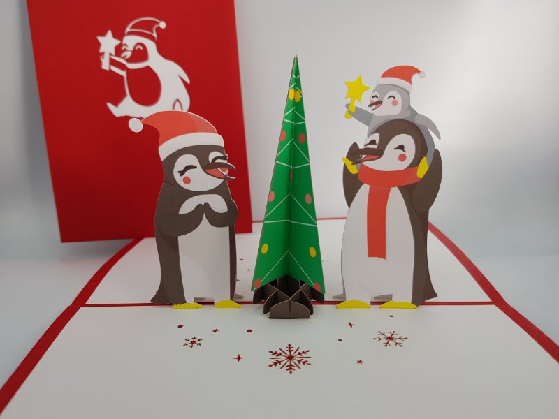 Christmas Pop Up Card - Cute Penguins & Christmas Tree