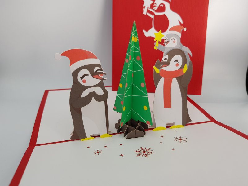 Christmas Pop Up Card - Cute Penguins & Christmas Tree