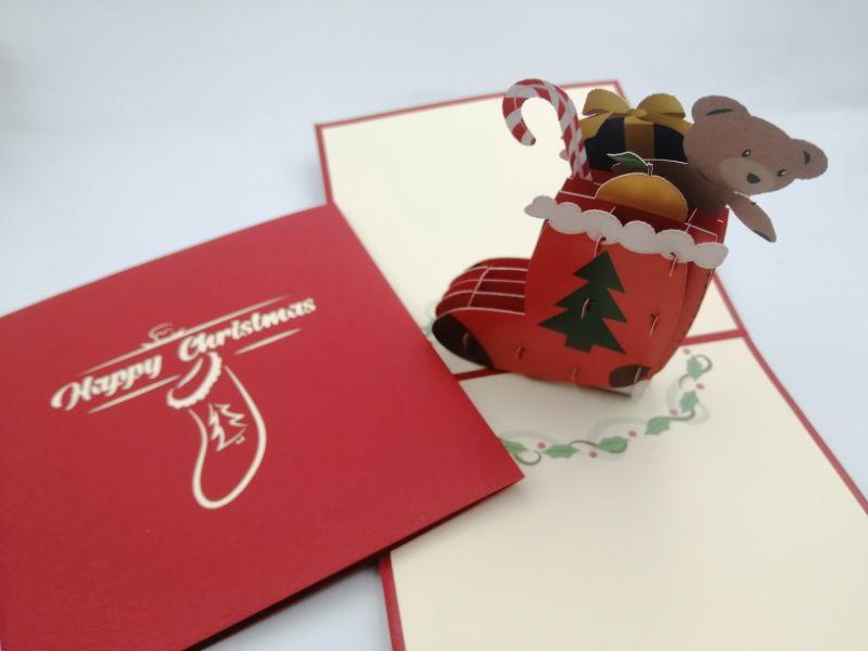 Christmas Pop Up Card - Cute Teddy Bear & Candy Cane in Christmas Stocking