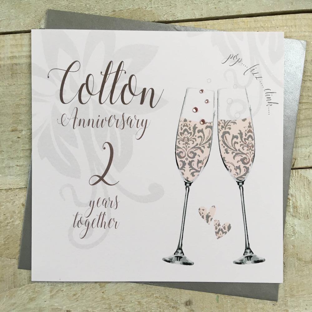 Anniversary Card - Cotton / Two Floral Champagne Glasses With Diamonds