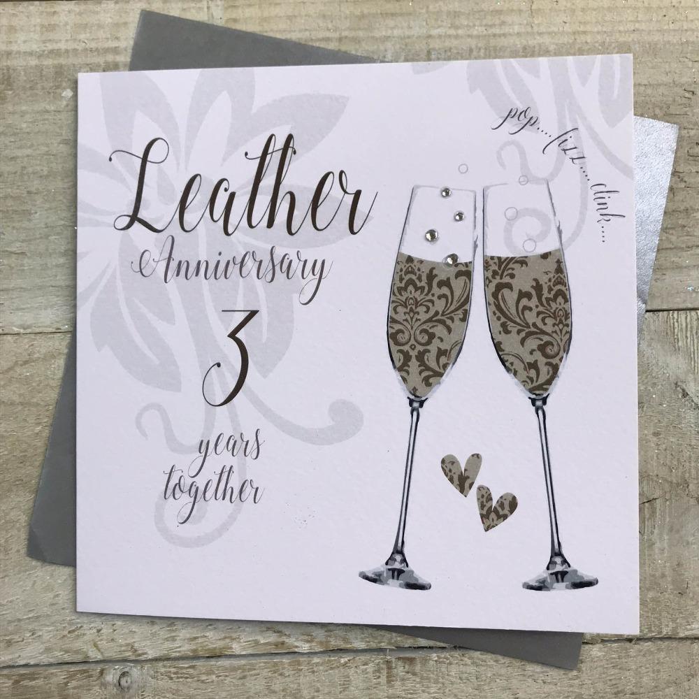 Anniversary Card - Leather / Two Floral Hearts & 3 Years Together