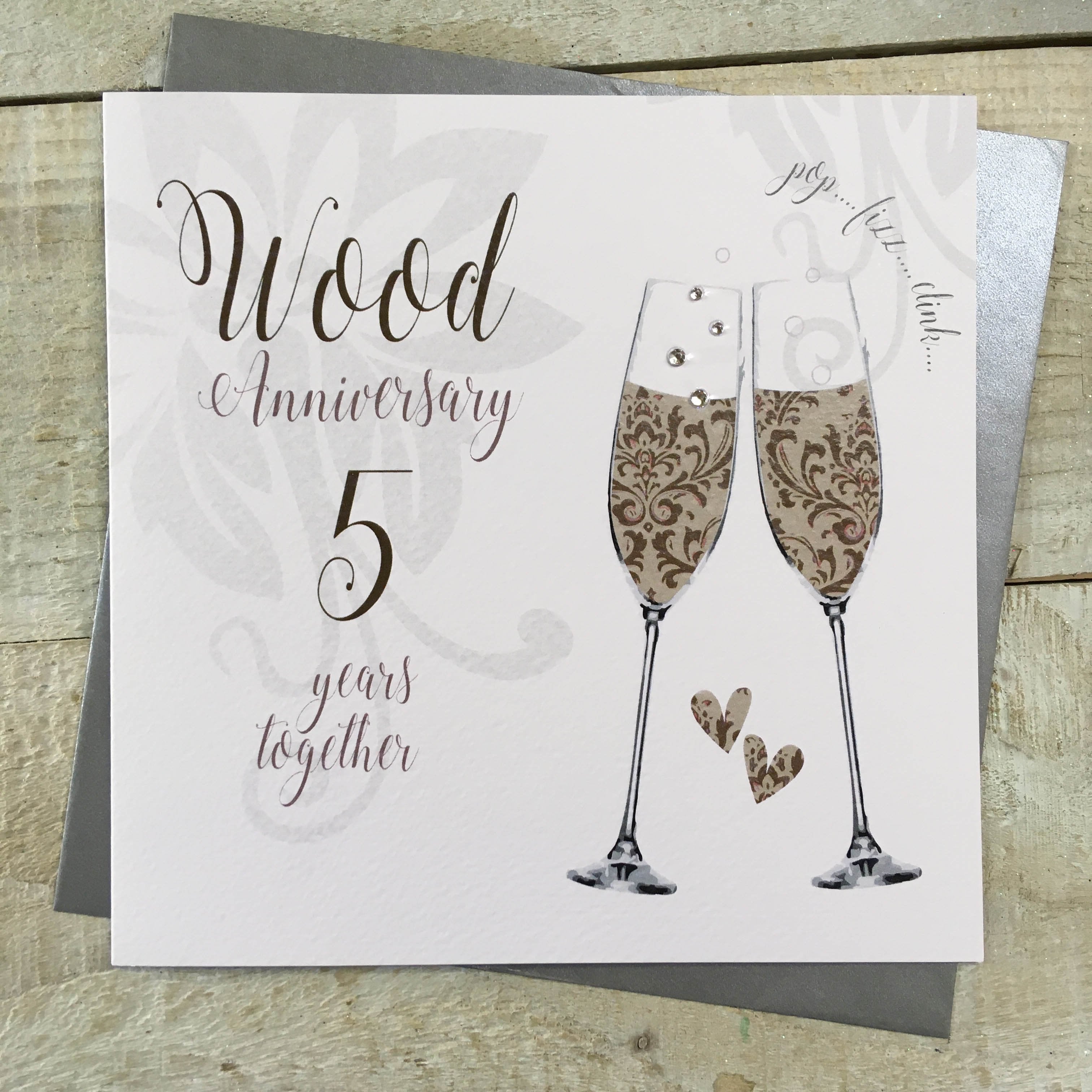Anniversary Card - Wood / Two Floral Hearts & 5 Years Together