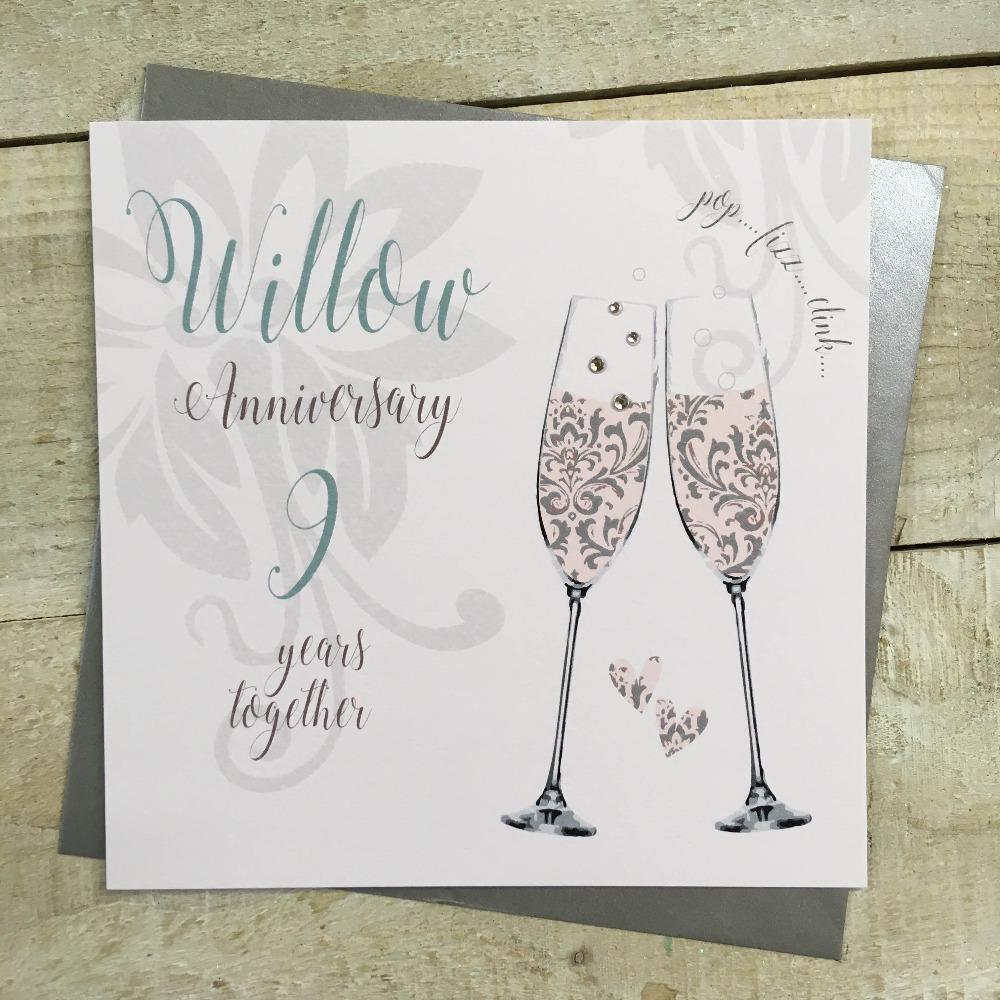 Anniversary Card - Willow / Two Champagne Glasses With Diamonds & 9 Years Together