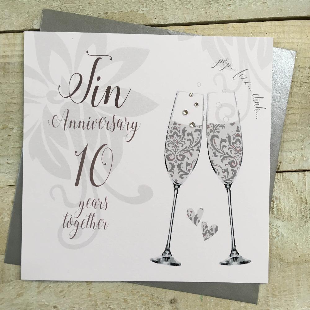 Anniversary Card - Tin / Two Silver Hearts & 10 Years Together