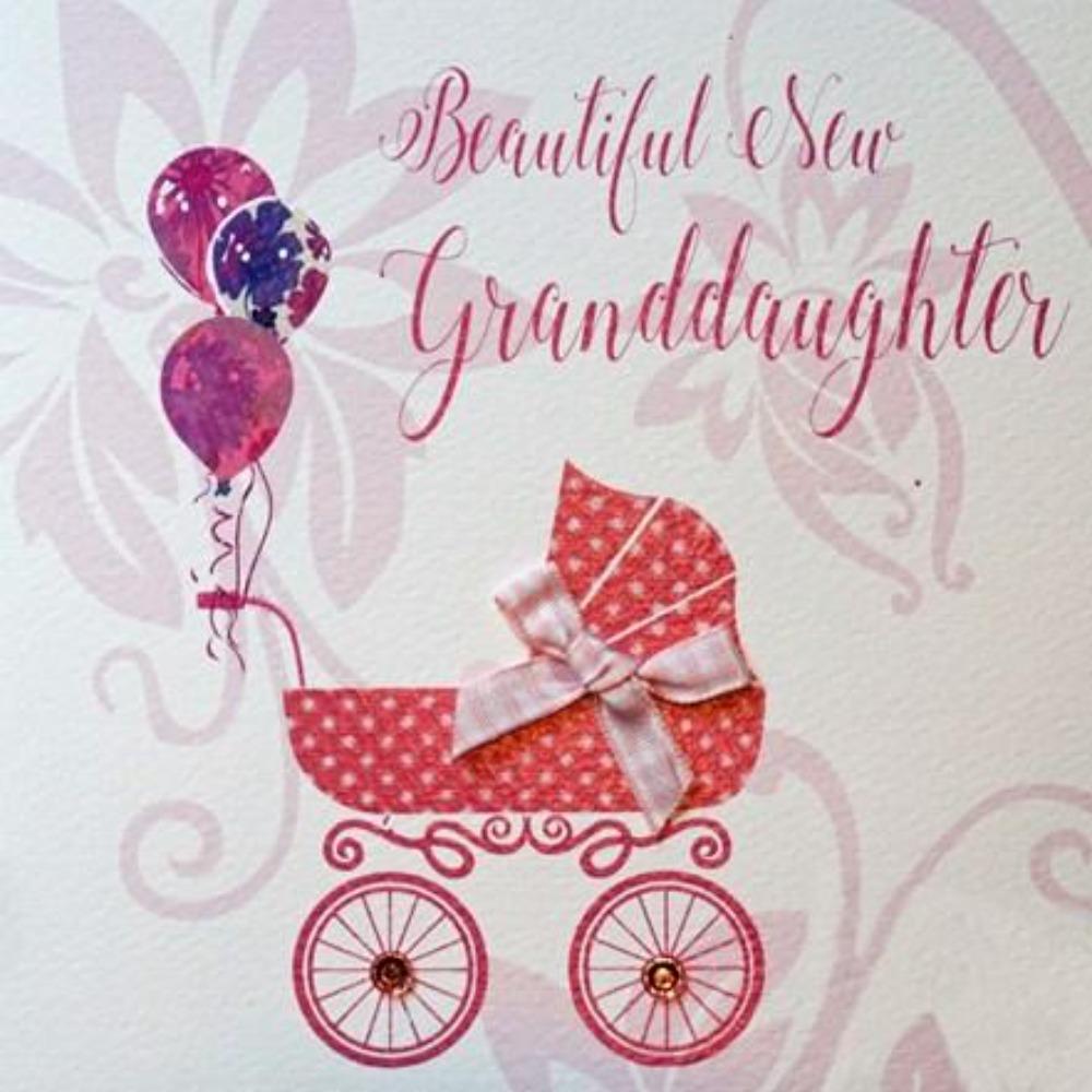 New Baby Card - Granddaughter / A Red Pram With A Pink Bow