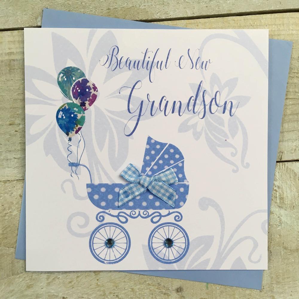 New Baby Card - Grandson / Blue Bow On The Blue Pram