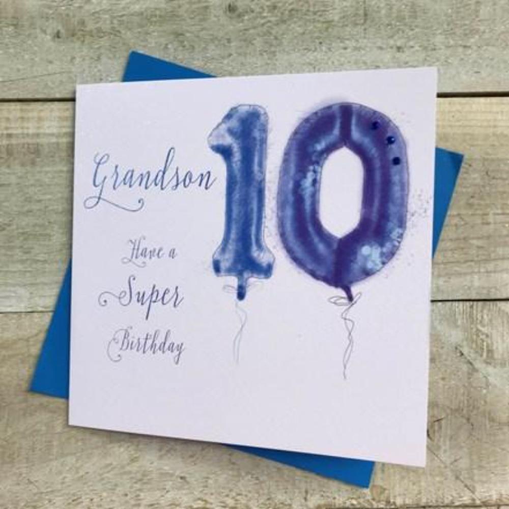 Age 10 Birthday Card - Grandson / Have A Super Birthday & Blue Balloons