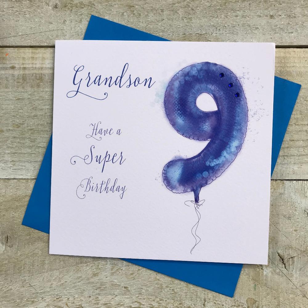 Birthday Card - Age 9  Grandson / Blue Helium Balloon Numbered 9