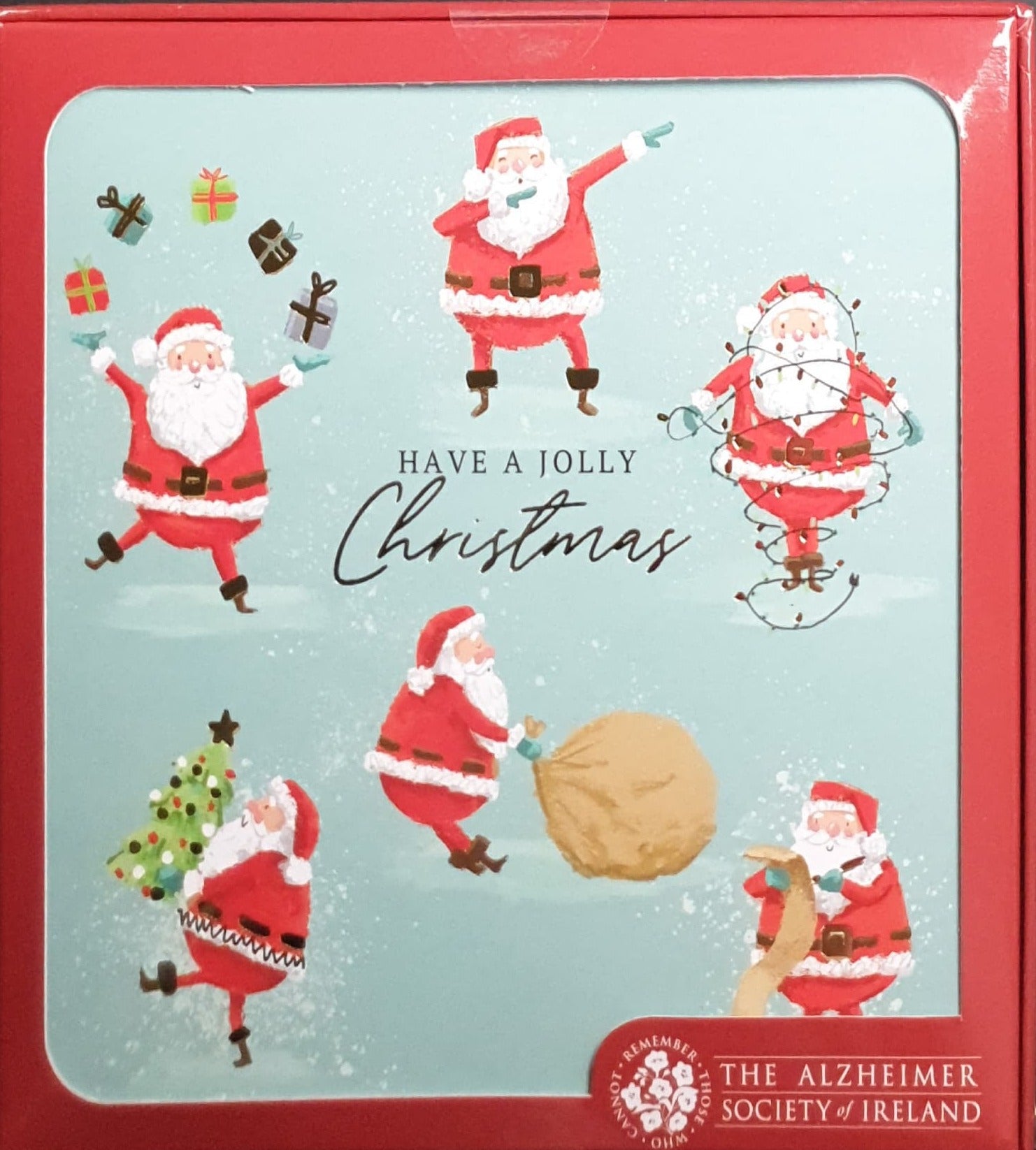Charity Christmas Card (In Irish & English) - Box of 16 / Alzheimer Society of Ireland - Santas Carrying Gifts, Tree & Lights